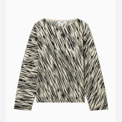COS Pleated Zebra Top Long Sleeve Rounded Quiet Luxury Minimalist Beige Black XS