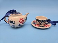 Polish Pottery Teapot  Teacup With Saucer Ornaments Hand Painted Floral