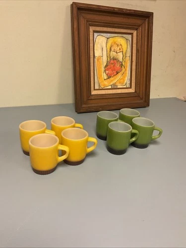 8 VINTAGE ANCHOR HOCKING FIRE KING YELLOW & GREEN COFFEE MUG LOT 8oz