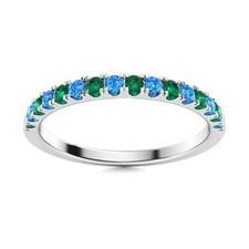 925 Sterling Silver 2MM Round Swiss Blue Topaz  Emerald Half Eternity Ring