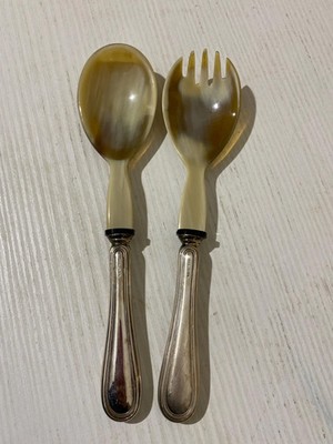 Vintage 800 Silver and Natural Horn Salad Cutlery Set Spoon and