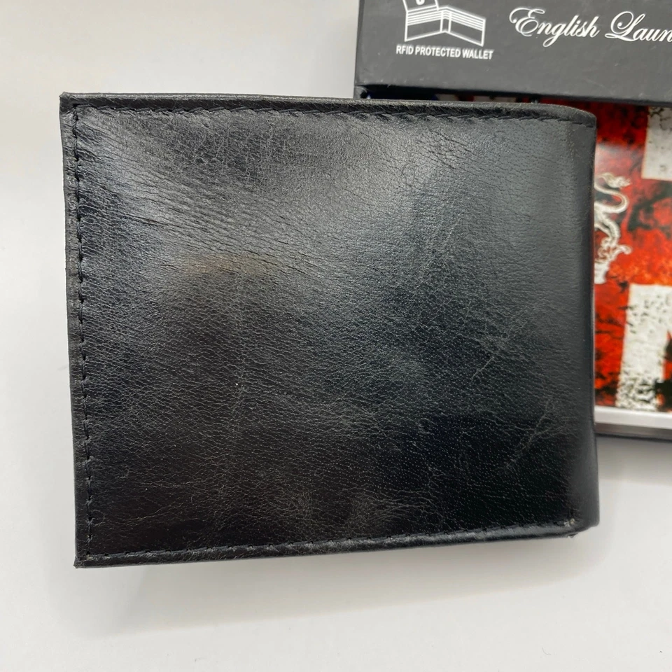 NUEVO EN CAJA Cartera Plegable RFID Inglés Lavandería Hombres Cuero Genuino Negro 2 Ranuras de Identificación Abatibles Foto 3 de 4