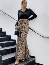 Women's Slik Satin Leopard High Waist Wrap Elastic Waisted Maxi Long Skirt