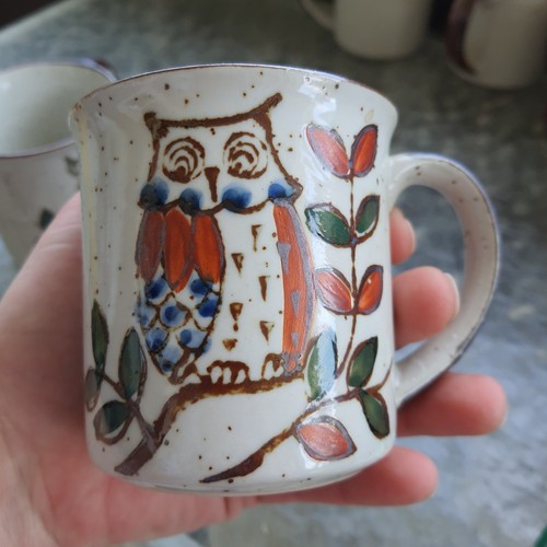Vintage Otagiri Japan Style Speckled Stoneware Owl Floral Coffee Mugs Set Of 6 - Picture 5 of 9