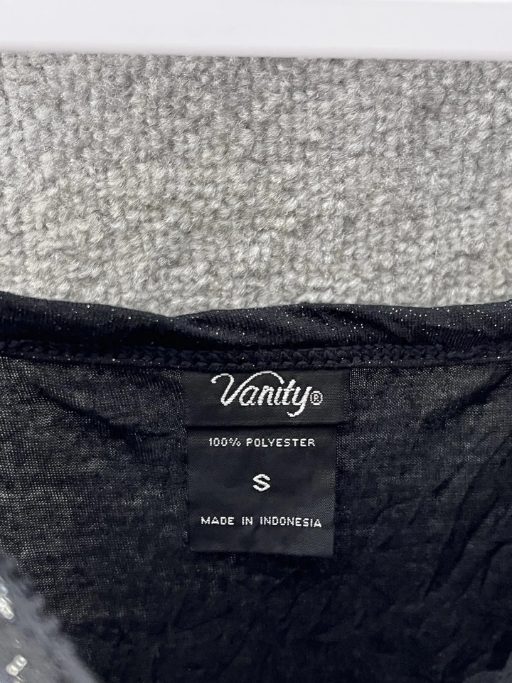 Camiseta sin mangas camisola con ribete de encaje tocador para mujer talla S negra plateada metálica brillante Y2K Foto 3 de 4