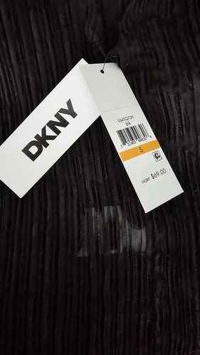 DKNY Damen schwarz Stehkragen Plissee Bluse gerafft ärmellos transparent Größe Small - Bild 6 von 7