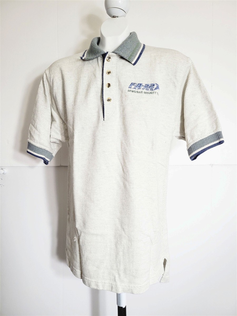 F/A-22 Aircraft AFIWWC/SAIC Security Team Off White Polo Shirt Size M Damaged