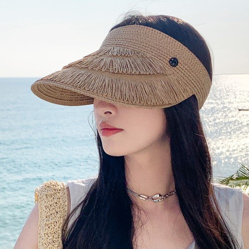 Sunscreen Tassel Straw Hats Women Summer Empty Top Sun Hat Outdoor Beach Hat' - Picture 6 of 23