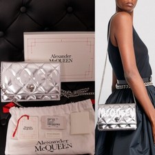 NEW $1290 ALEXANDER MCQUEEN Silver GRAFFITI Quilted Leather SKULL Crossbody BAG