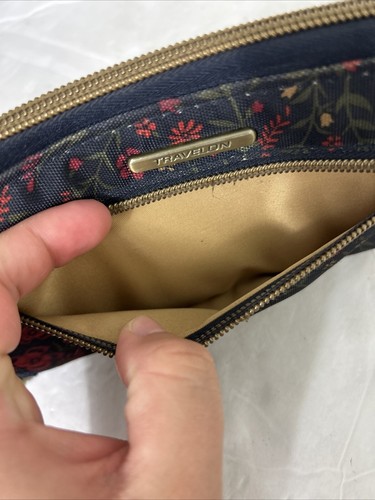 TRAVELON RFID Protect Block Floral Credit Card Zip Wallet Wristlet Navy Red - Picture 7 of 15