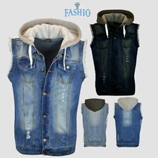 Men’s Denim Stylish Ripped Jeans Biker Coat Shirt Sleeveless Hooded Vest Jacket