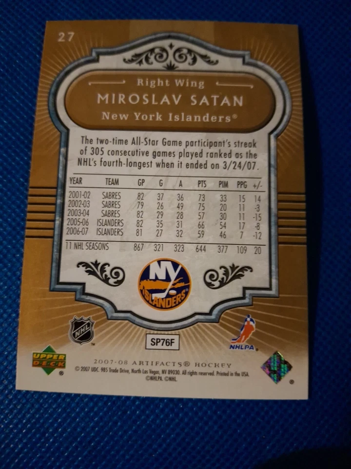 2007 MIROSLAV SATAN UPPER DECK ARTIFACTS NHL HOCKEY CARD #27 NY ISLANDERS  - Image 2 of 2