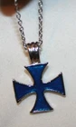 Handsome Reversible Blue Enameled Maltese Cross Silvertone Necklace