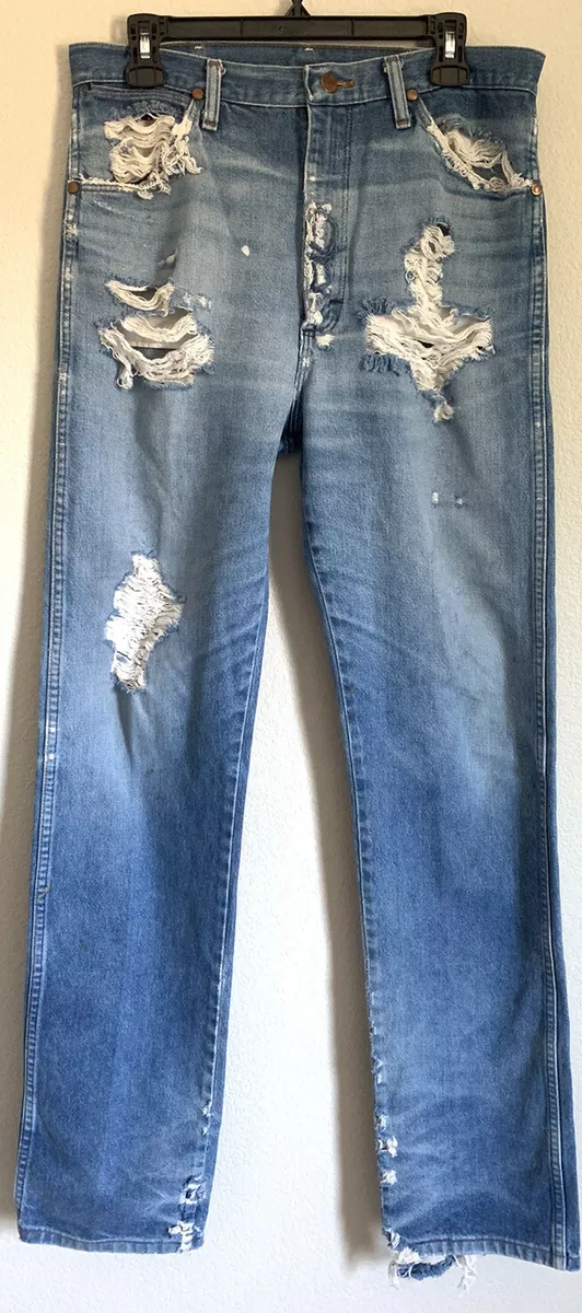 Heavy Distressed Wrangler Jeans 33x35 Blue Cowboy Cut Western Rodeo 13MWZ Grunge