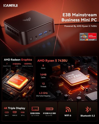 Mini PC, E3B 32GB RAM 512GB SSD Mini Gaming Computers AMD Ryzen 5 7430U Micro De - Picture 2 of 11
