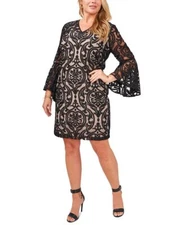 MSK Dress Womens Size 6 Bell Sleeve Black Mesh Lace Overlay V Neck Sheath