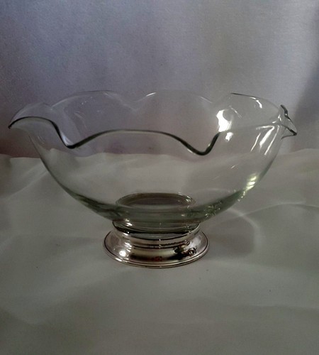 Serving Bowl Centerpiece Pinched Edge Glass Footed Sterling Silver Bottom 9" Dia - Picture 4 of 9