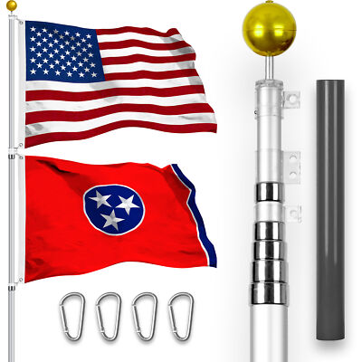 25 Ft Telescoping Flagpole Silver & American and Tennessee Flags Spun 3x5 Ft