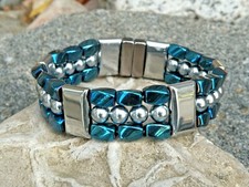 100 Magnetic Hematite Silver Electric Blue Bracelet Anklet Necklace 3 Row