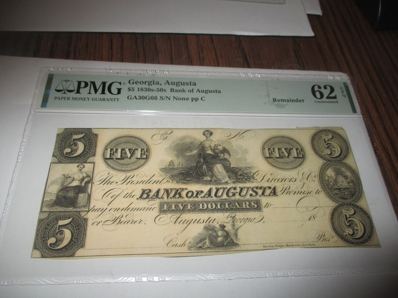 1830 - 1850's $5 BANK OF AUGUSTA, GEORGIA PMG 62 EPQ UNCIRCULATED REMAINDER NOTE