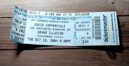 Ticket Stub David Copperfield Grand Illusion Oct 12, 2004 Pasadena Civic CA