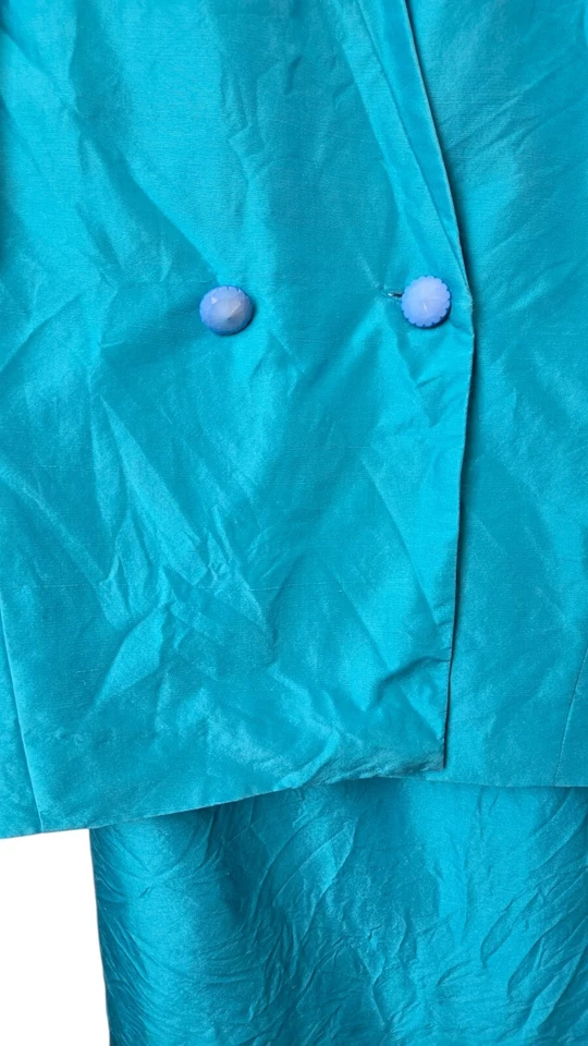 Conjunto Falda Shomi Mujer 20 Talla Grande Azul Brillante 100% Seda Oficina Años 80 De Colección Foto 3 de 4