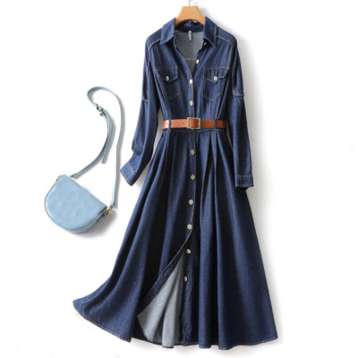 Elegant Lady Denim Long Belt Shirt Dress Long Sleeve Casual Jeans Dress  Button