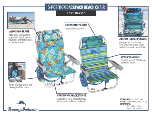 2-pack Tommy Bahama Beach Chair, Reclining, Backpack Straps, Blue Stripe, NEW - Picture 7 of 8