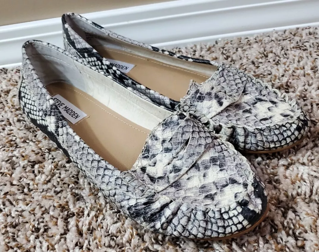 Steve Madden Murphy Faux Leather Black White Snakeskin Penny Loafers Size 8.5