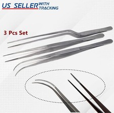 3x Chef Plating TWEEZERS Precision Serrated 10" Tongs Offset  Straight  Curved