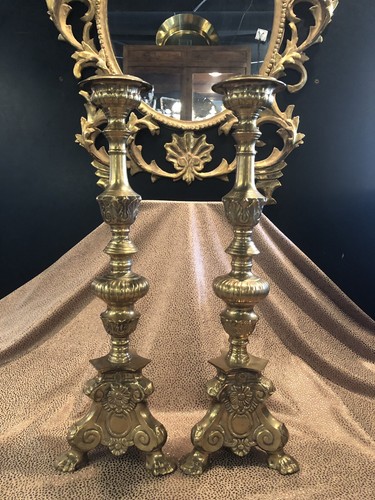 Pair of Renaissance Revival Cast Brass Heavy Candlesticks