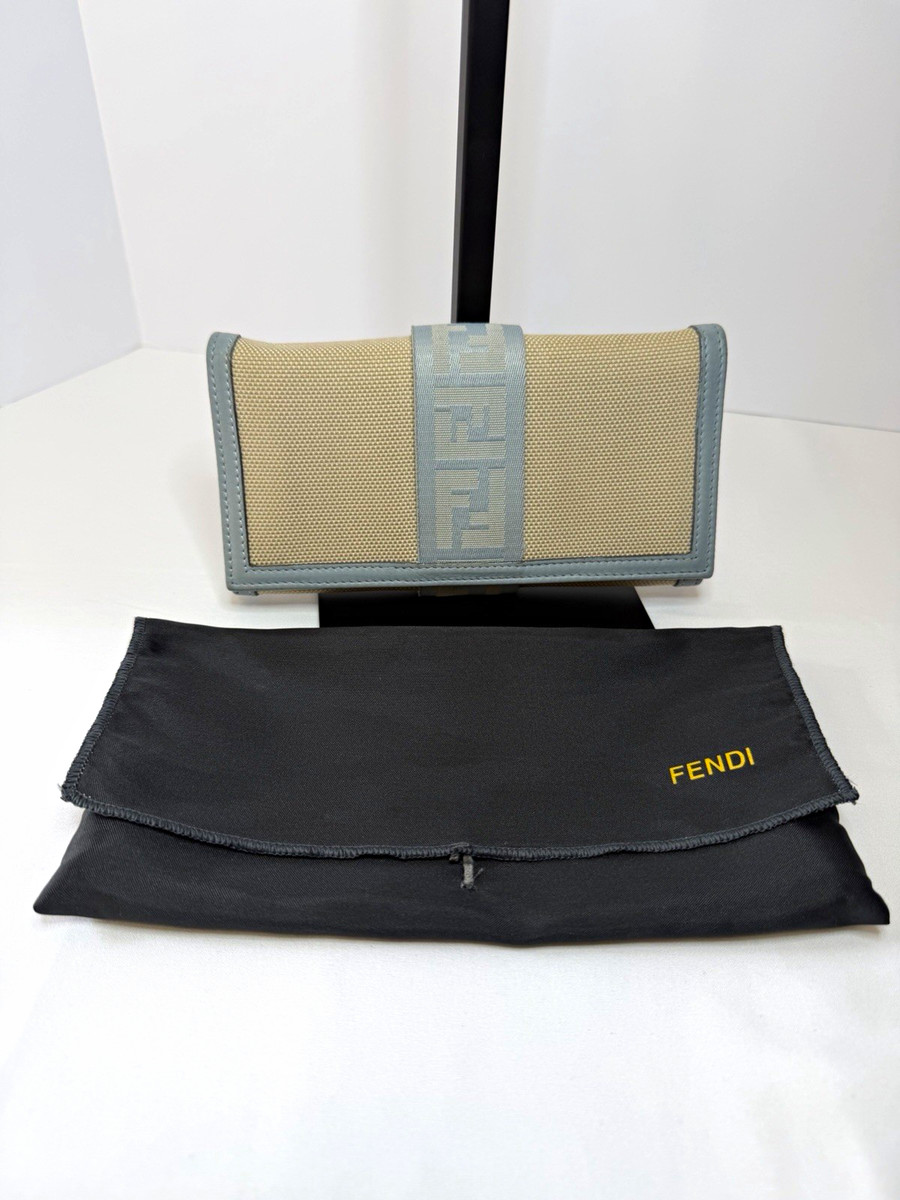 Fendi Beige & Blue FF Logo Long Flap Wallet w/ Zipper Coin Pocket
