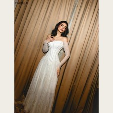 Off Shoulder Evening Dresses Strapless Beaded Neck Sheer Long Sleeve Sequins