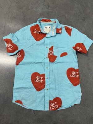 VSTR Premium 'Get Lost' Light Blue, Red Hearts, Medium Button Down Shirt #593
