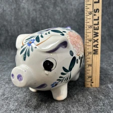 Vintage Ceramic Piggy Bank Floral Design Hand Painted JAPAN Must Break To Open
