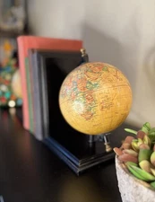 Vintage Globe Bookends on Black Wood Bases • Study Office Library Decor