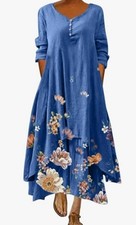 WOMEN PLUS SIZE BLUE FLORAL LONG SLEEVE ASYMETRICAL MIDI DRESS ( SIZE 4XL )