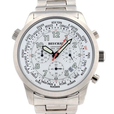Beuchat World Time Chronograph Mens Watch Swiss Steel GMT White Dial Quartz