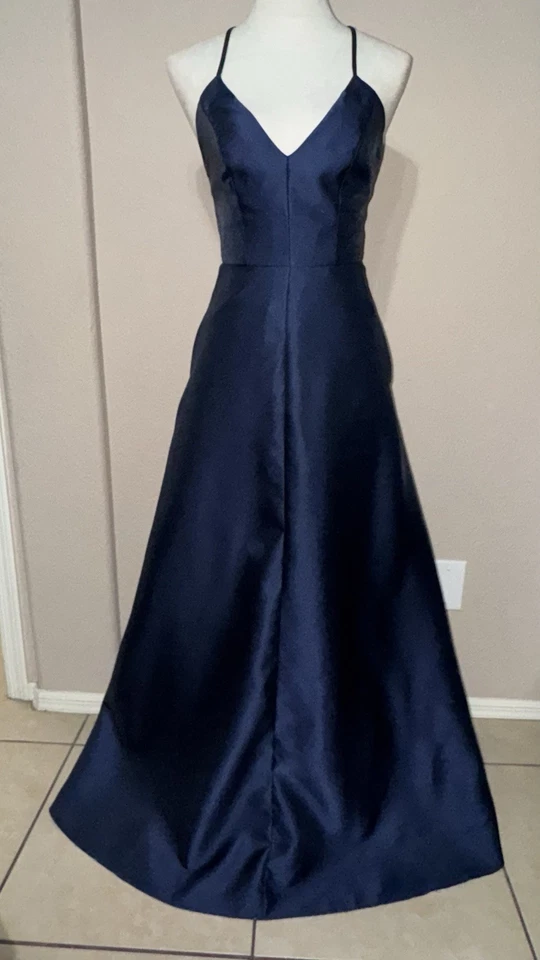 Maxi Vestido ALFRED SUNG Satinado Talla 0 Medianoche Azul Marino Bolsillos Formal Boda Foto 2 de 4