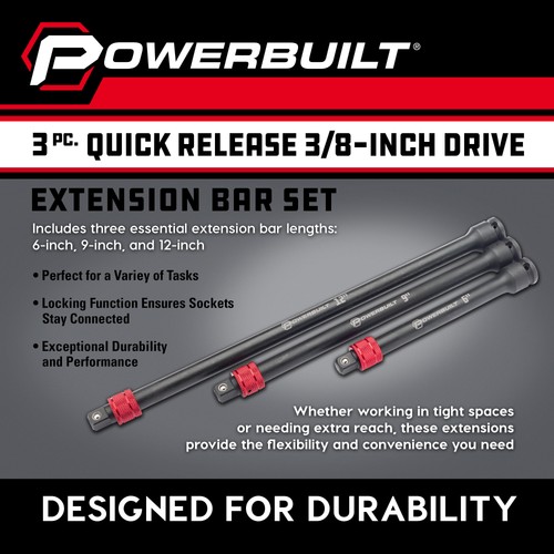 Powerbuilt 3 Piece Quick Release 3/8-Inch Drive Extension Bar Set - 643067ECE - Picture 3 of 8