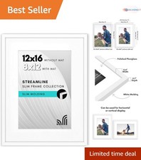 12x16 White Picture Frame with Plexiglass Slim Border for Photos or Art