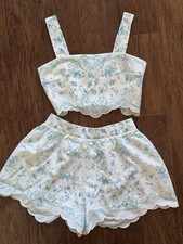 Floral Sleeveless Top  Shorts Set, Scalloped Edges, White Light Blue