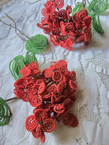 Two Stems Vintage Beaded Handmade Geraniums Flowers Red Blooms