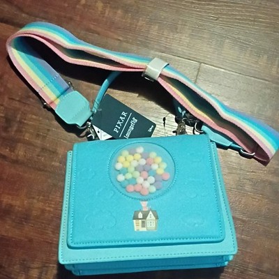 Loungefly Disney Pixar Up Small Blue Crossbody Bag Rainbow Strap Balloon House