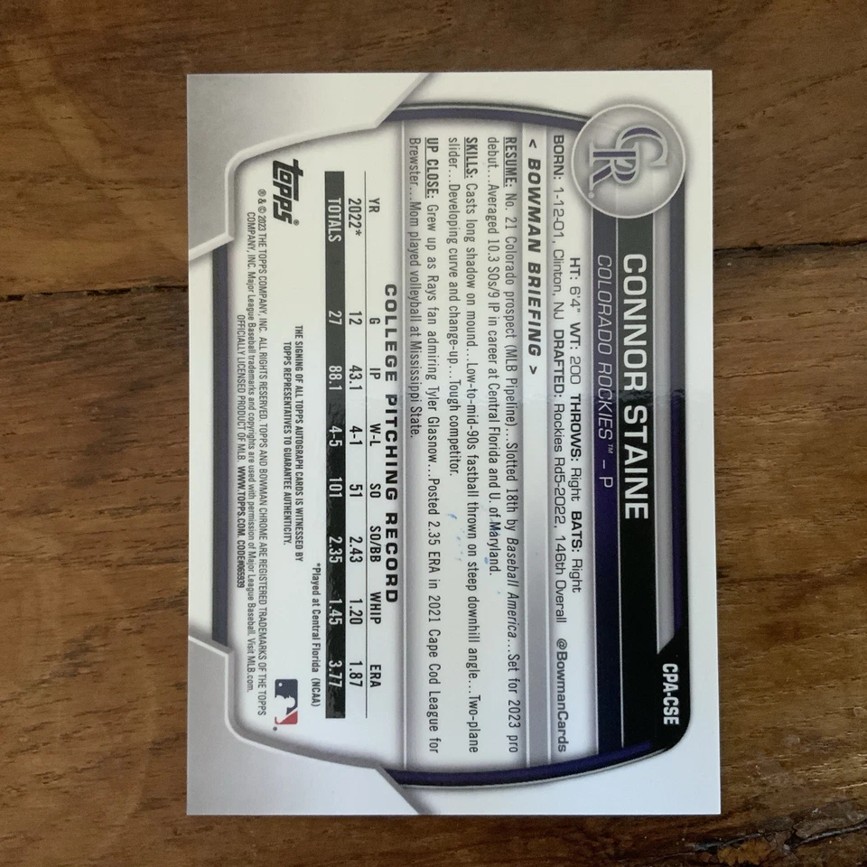 Connor Staine 2023 1st Bowman Chrome Orange Wave Auto 25/25 = ebay 1/1 Rockies - Image 2 of 4