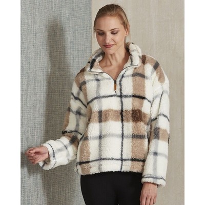 Thread & Supply Women s Sherpa Pullover Deep Pile Plaid Quarter Zip Size XS