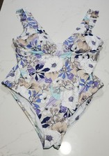 Freshwater Women's One Piece Bathing Suit Size XXL White W/purple Flowers Ruffle