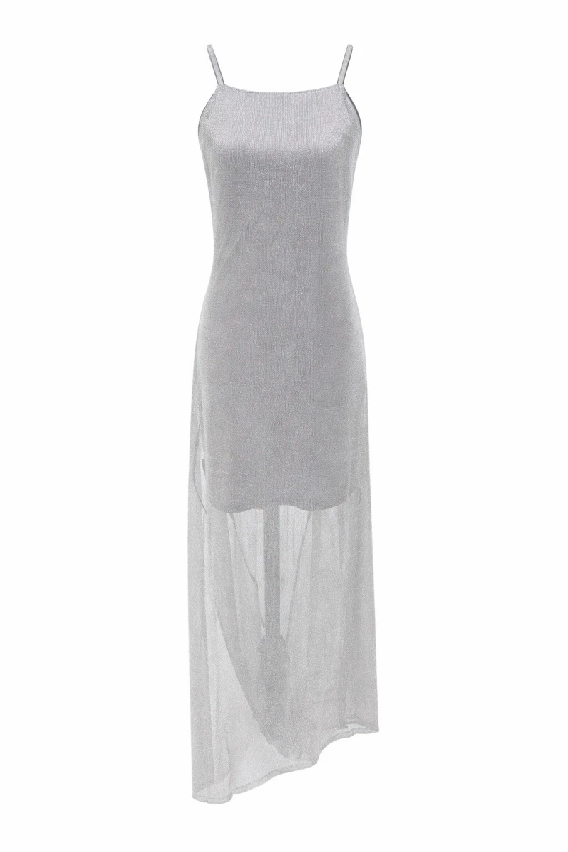 silver mesh dress zara Zara Holographic Silver Sparkly Rhinestone Mesh Dress Size XS