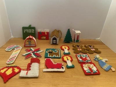 Handcrafted Plastic Canvas Christmas Ornaments, Lot Of 19