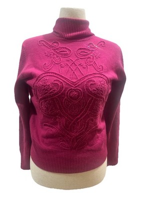 Oscar de la Renta Fuchsia Sequin Embellished Turtleneck Sweater Medium Vintage